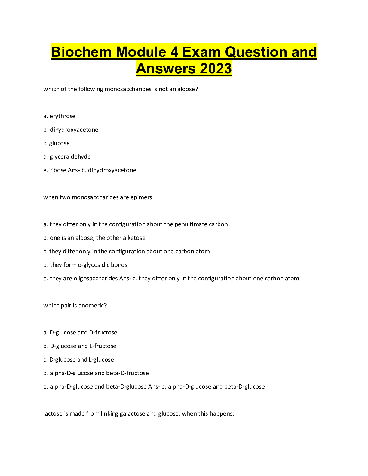 Preview image for Biochem Module 4 Exam Question and  Answers 2023